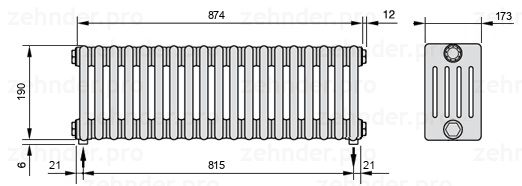 Схема (чертеж) Радиатор Zehnder Charleston 5019/19 №5310 Белый глянцевый RAL 9016